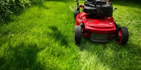 Obraz premium A bright red lawnmower cuts through vibrant green grass on a sunny day, creating a perfect lawn.
