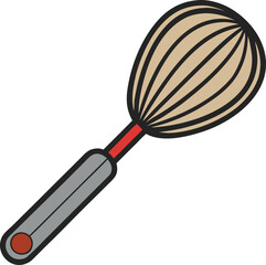 Simple illustration of a beige and gray whisk with a red handle accent