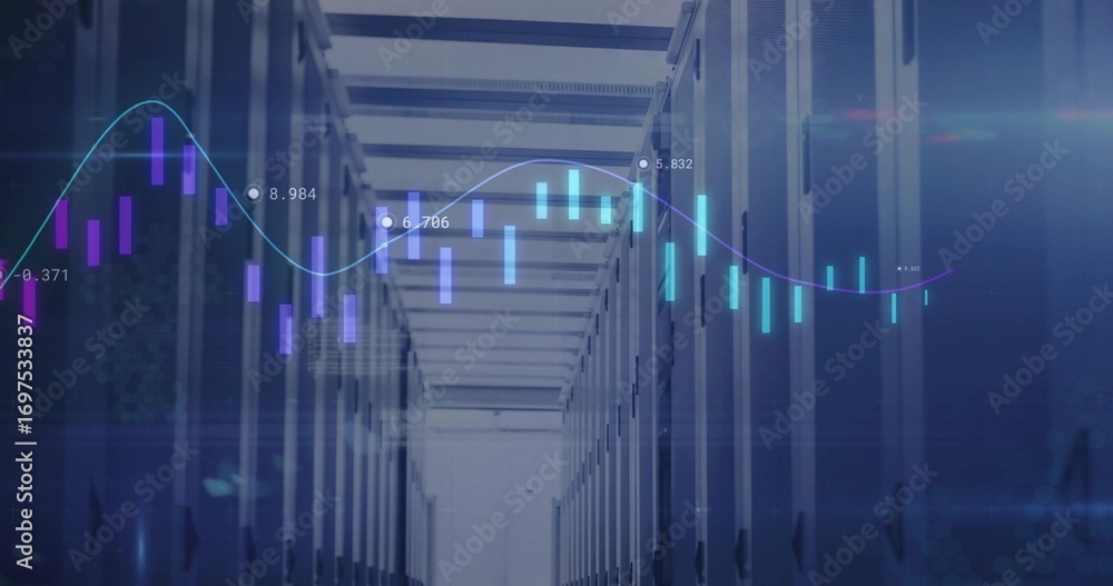Poster showing server cabinets lining corridor in data center with led lights, candlestick chart overlay