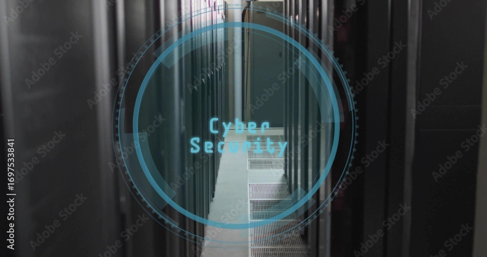 Poster showing digital circular overlay reading cyber security in datacenter, with server racks and grates