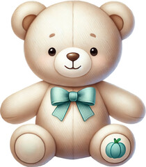 Adorable cream teddy bear with teal bow and pumpkin patch