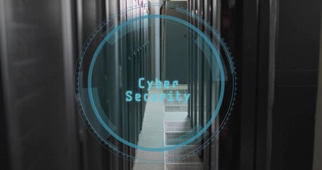 Showing digital circular overlay reading Cyber Security in datacenter, with server racks and grates