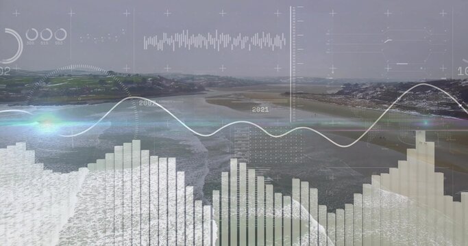 Presenting aerial coastal tidal flats merging with digital data overlay showing bar and line graphs - Powered by Adobe