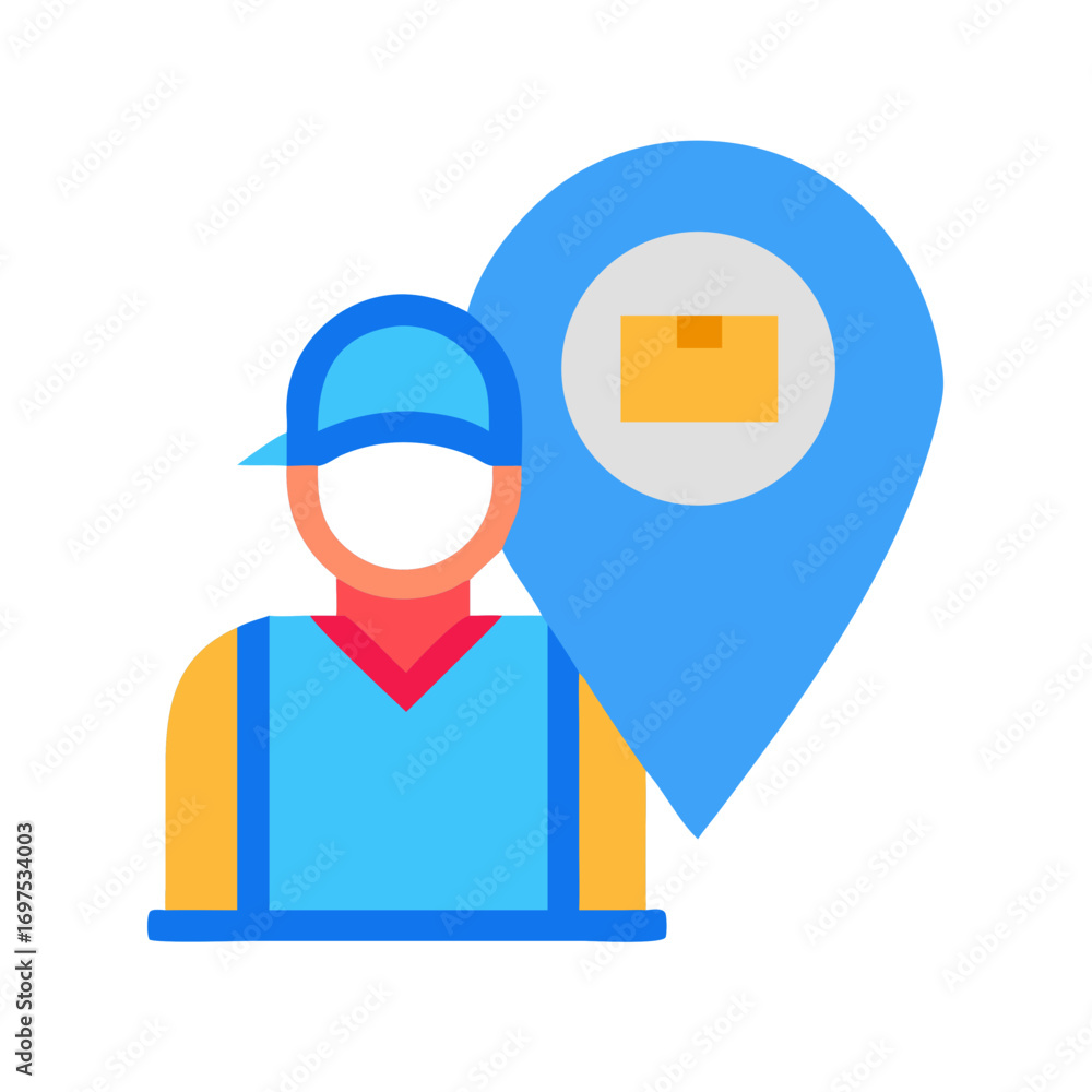 Poster delivery service man with package inside location pointer icon