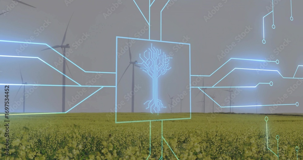Poster hovering neon blue overlay with tree circuit icon over flowering yellow field and wind turbines