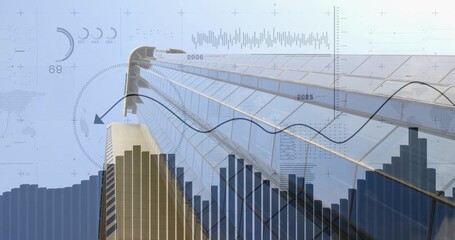 Showing glass skyscraper rising at downtown exterior, with translucent charts and numeric overlays
