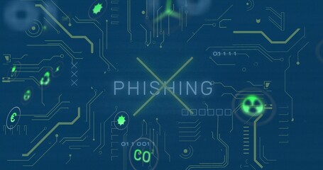 Showing alert highlighting PHISHING on dark blue interface with neon circuits binary digits