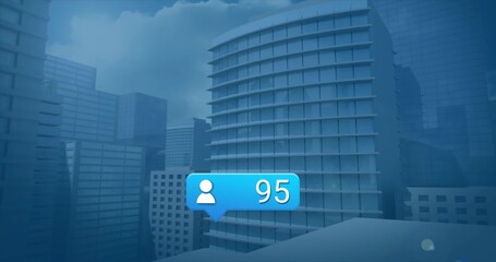 Floating blue bubble showing user icon with badge 95 drifting over urban skyline
