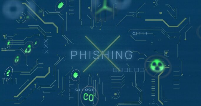 Showing alert highlighting PHISHING on dark blue interface with neon circuits binary digits