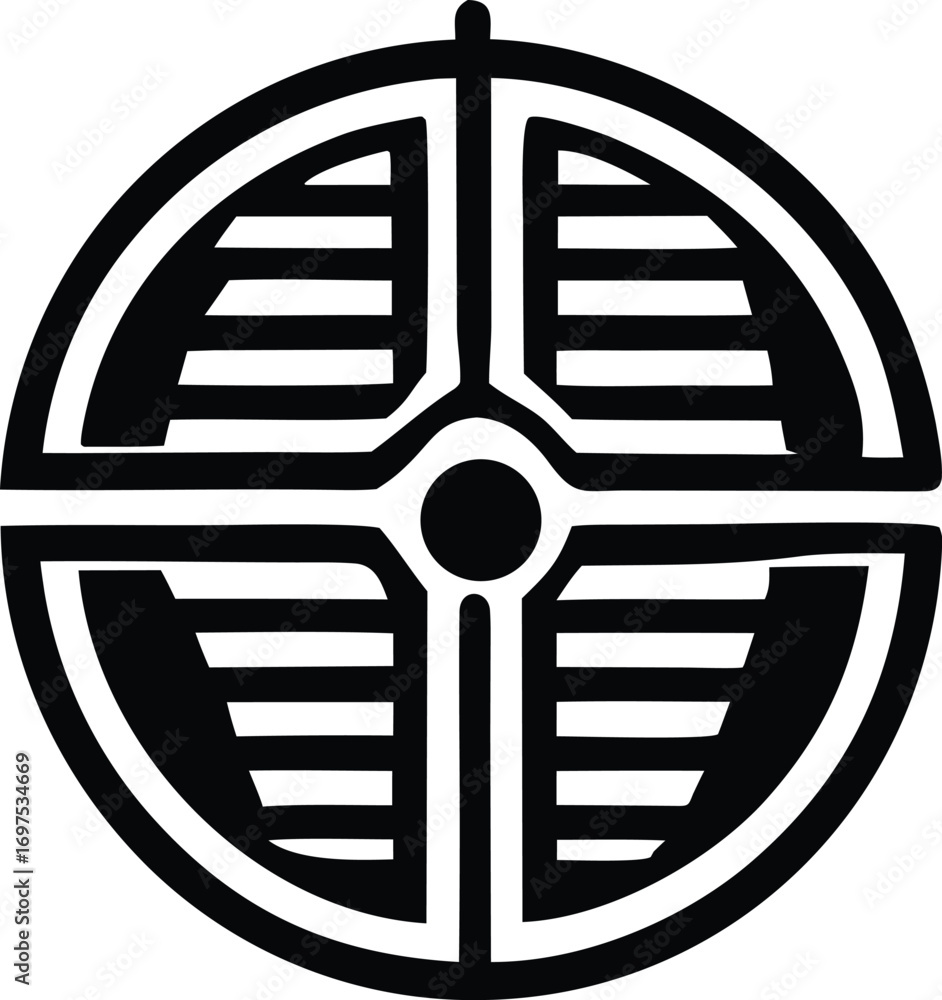 Poster abstract circular geometric emblem design symbolizing precision and order with intersecting lines an