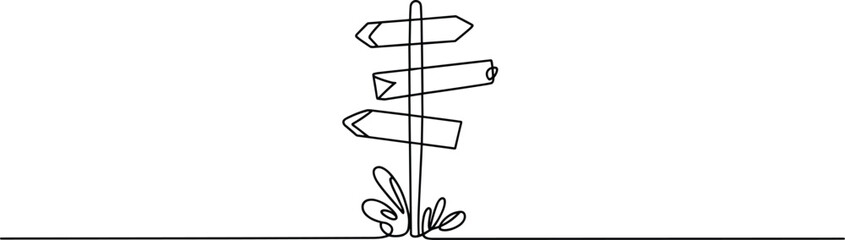 Hand-drawn direction sign, navigation board, road choices, decision making symbol, line art path guide, minimal travel concept, crossroads marker, continuous line vector illustration