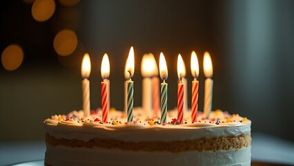 Close-up of a birthday cake with lit candles, glowing warmly in soft diffused light.