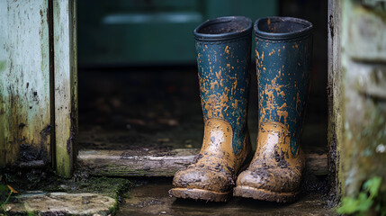 A pair of muddy blue and tan rubber boots sitting in a doorway of a weathered wooden shed or outbuilding