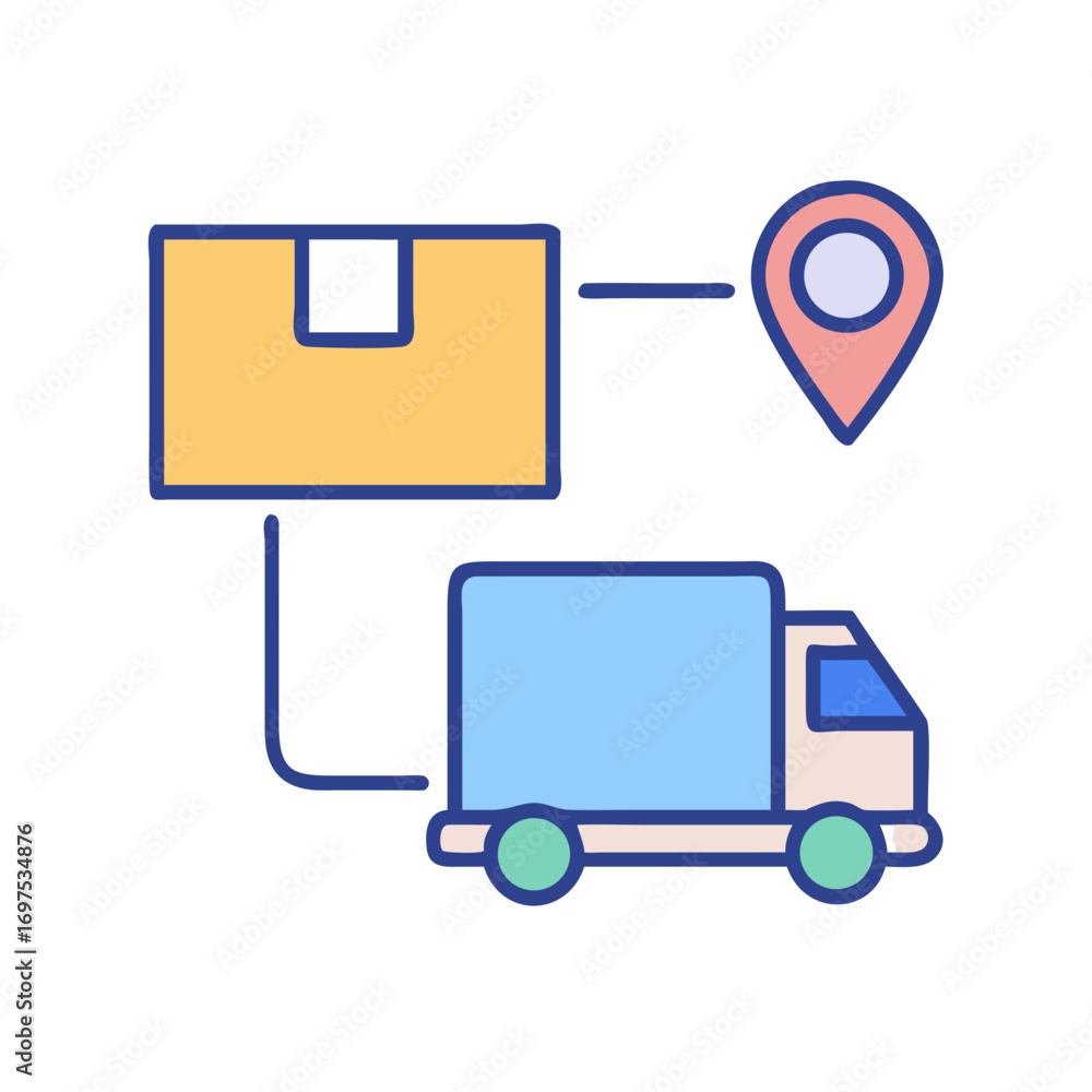 Poster delivery truck with package and map pointer icon