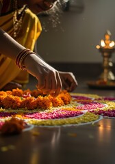 Woman creating colorful rangoli with flower petals for Onam celebration in India. Onam Pookalam for Kerala's harvest festival celebrating King Mahabali's return.	
