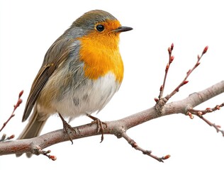 Fototapeta premium A robin with orange breast sits on a branch with small buds, isolated against a white backdrop, in a close up