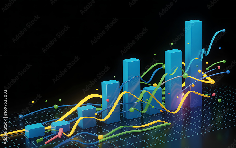 Poster blue bar chart with upward trend and colorful abstract data lines showing growth
