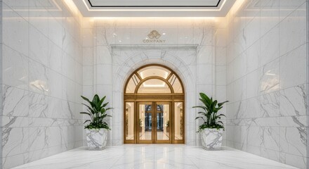 Elegant entrance with plants and golden door.