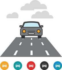 Car Driving on Highway with Clouds and Icons