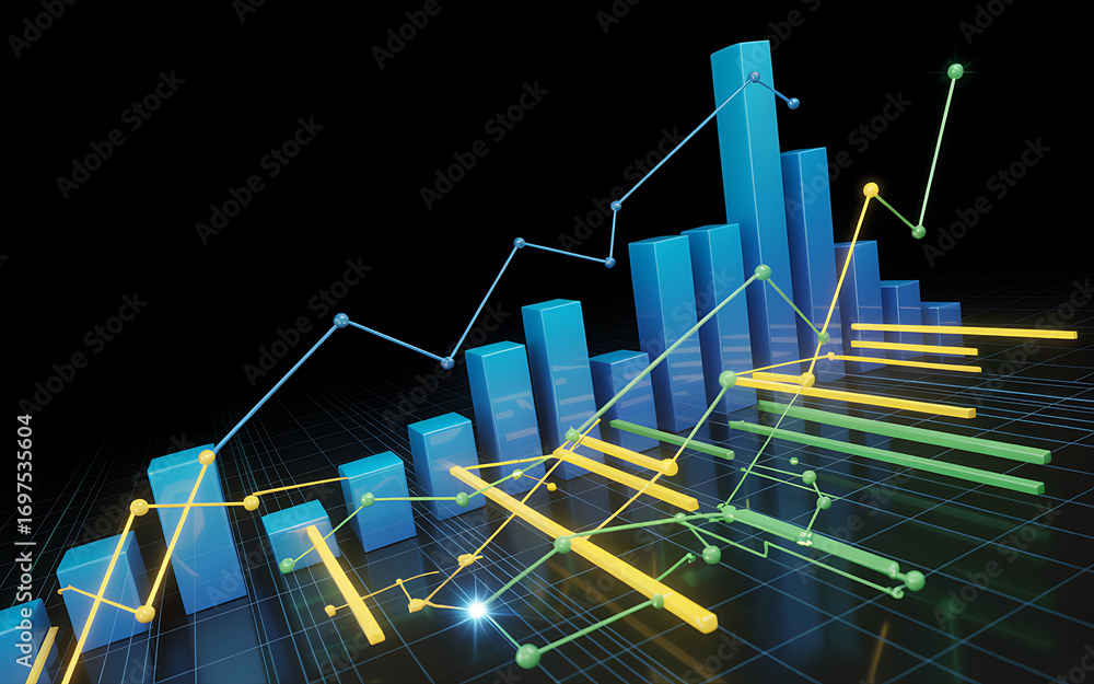 Poster Abstract 3d bar chart data analysis growth chart with glowing lines on a dark backdrop