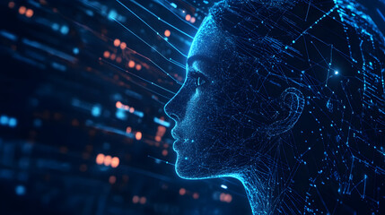 Digital woman profile with glowing lines and dots against a blurred bokeh background design concept