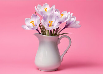 A white pitcher holds a bouquet of purple and white crocuses against a pink background. The composition is clean and well-lit.