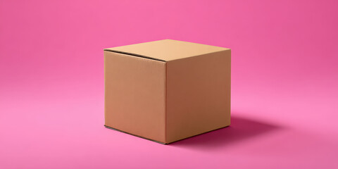 Obraz premium Single cardboard box is centered on vibrant pink background, creating minimalistic and modern product photo. simplicity and color contrast evoke sense of creativity and style