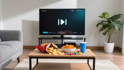 Enjoying a Cozy Movie Night at Home With Snacks and Drinks in a Stylish Living Room