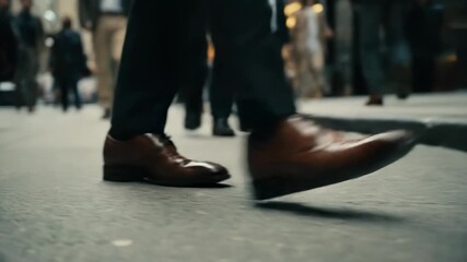 Crowds weave through the urban landscape as polished shoes tap against pavement, creating a lively symphony of daily routines. The energy of city life is palpable as people rush to their destinations.