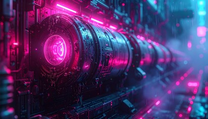 Fototapeta premium Futuristic, metallic structure with glowing neon lights