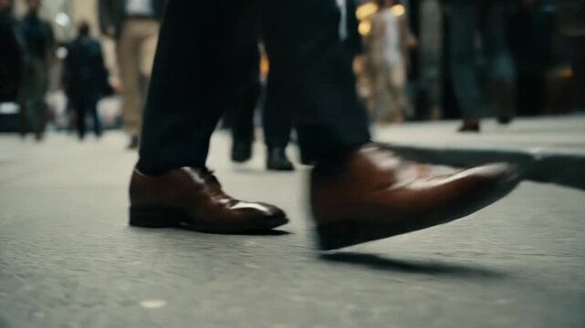 Crowds weave through the urban landscape as polished shoes tap against pavement, creating a lively symphony of daily routines. The energy of city life is palpable as people rush to their destinations.