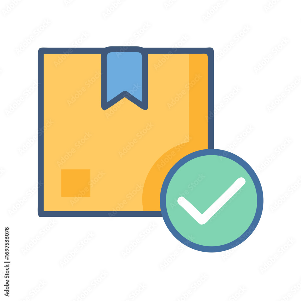 Poster delivery confirmation box with checkmark, shipping and tracking complete