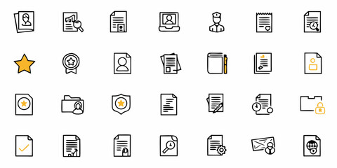 Collection of document and file related icons including profile search and security elements set on white