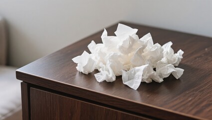 Crumpled Tissues Piled on a Wooden Bedside Table in a Cozy Room During a Rainy Afternoon