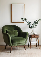 a cozy interior with a green velvet armchair, a wooden side table with a vase of eucalyptus, and a framed blank picture hanging on the wall. The scene is set on a light-colored rug.