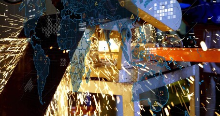 Worker in protective gear grinding beam using angle grinder at plant, with sparks and data overlay