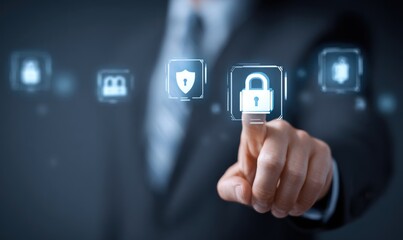 Man in suit points to glowing padlock icon, indicating security measures in a digital interface