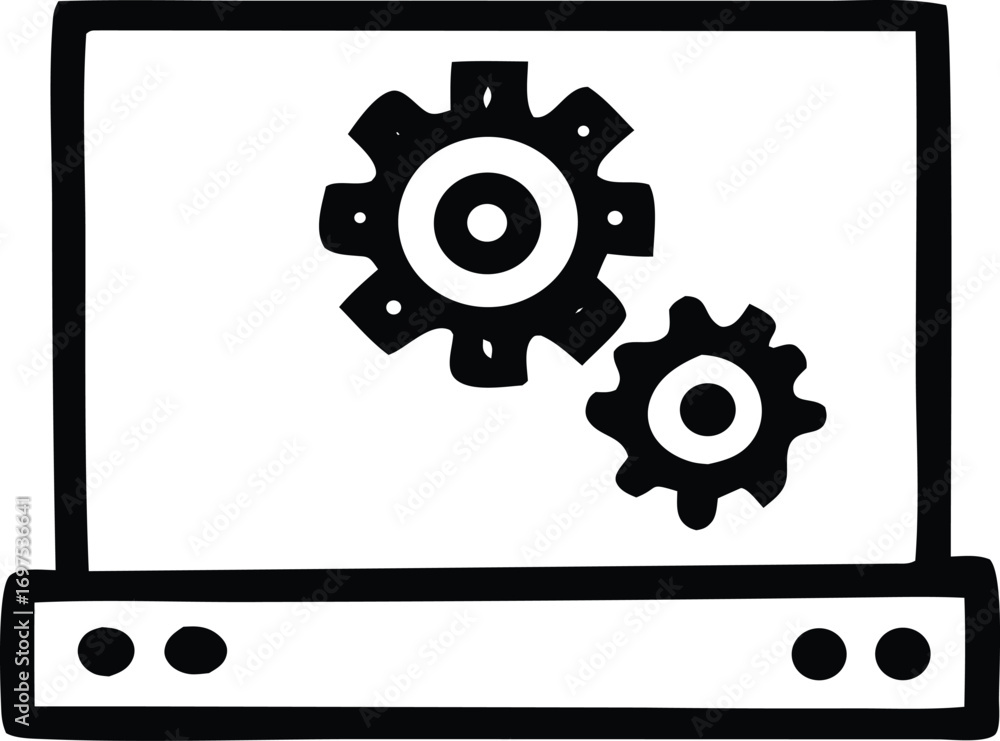 Poster hand drawn laptop screen displaying cogwheels symbolizing software development process and system se