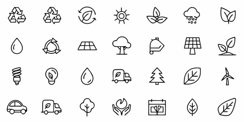 Outline icons representing environmental conservation and renewable energy sources in a grid layout