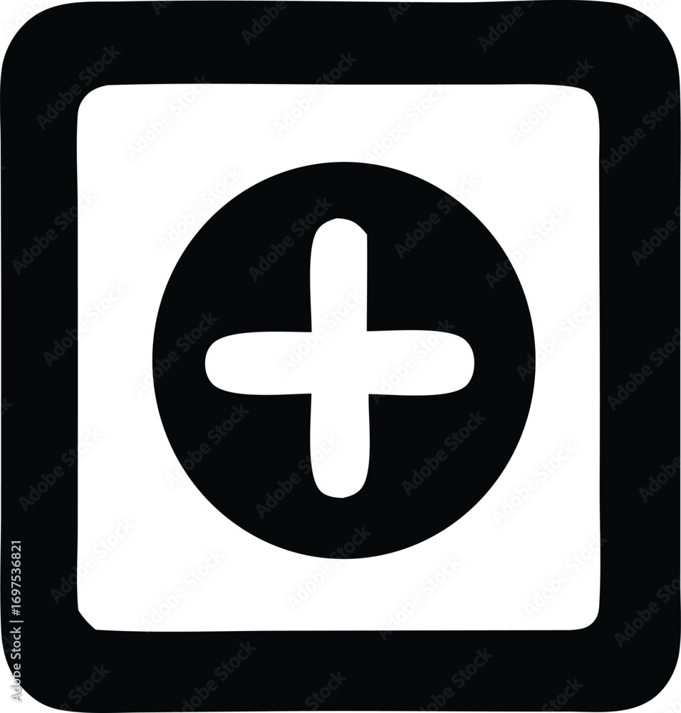 Poster simple plus sign icon inside a rounded square frame digital graphic for addition symbols and positiv