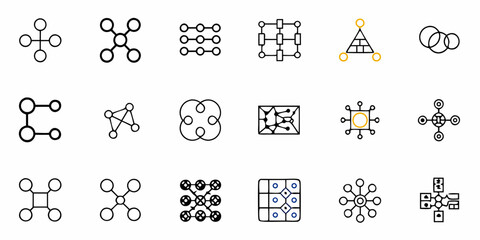 Collection of abstract network diagrams and connection icons in varied geometric configurations and layouts