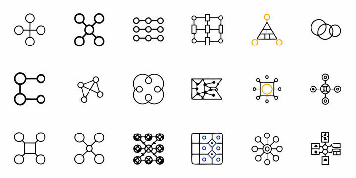 Collection of abstract network diagrams and connection icons in varied geometric configurations and layouts