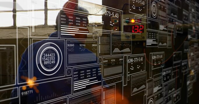 Senior man in jacket analyzing data on transparent dashboard in office with floating data panels