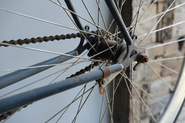 Rear Road Bicycle Wheel with Old Rusty Chain and Hub