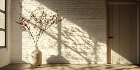 Interior background of room with brown stucco wall and vase with branch 3d rendering, Generative AI
