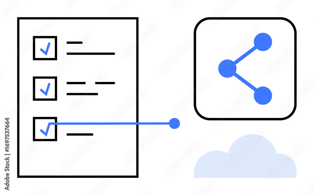 Poster task checklist marked completed linked to sharing icon with nodes and cloud element. ideal for colla