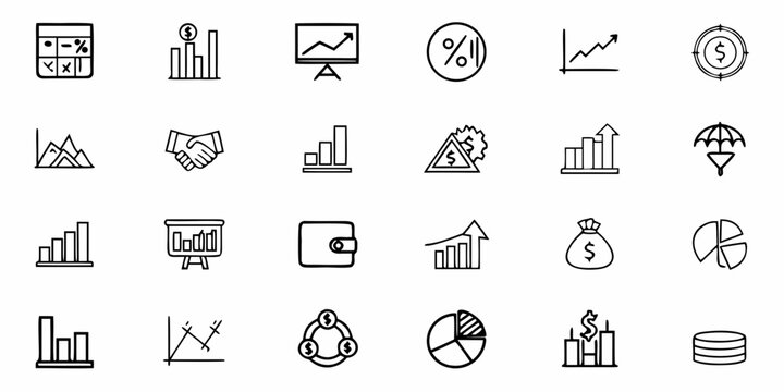 Collection of business and data analysis icons depicting graphs charts and other related elements in a grid format - Powered by Adobe