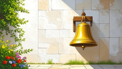 Golden bell on a stone wall, lush greenery