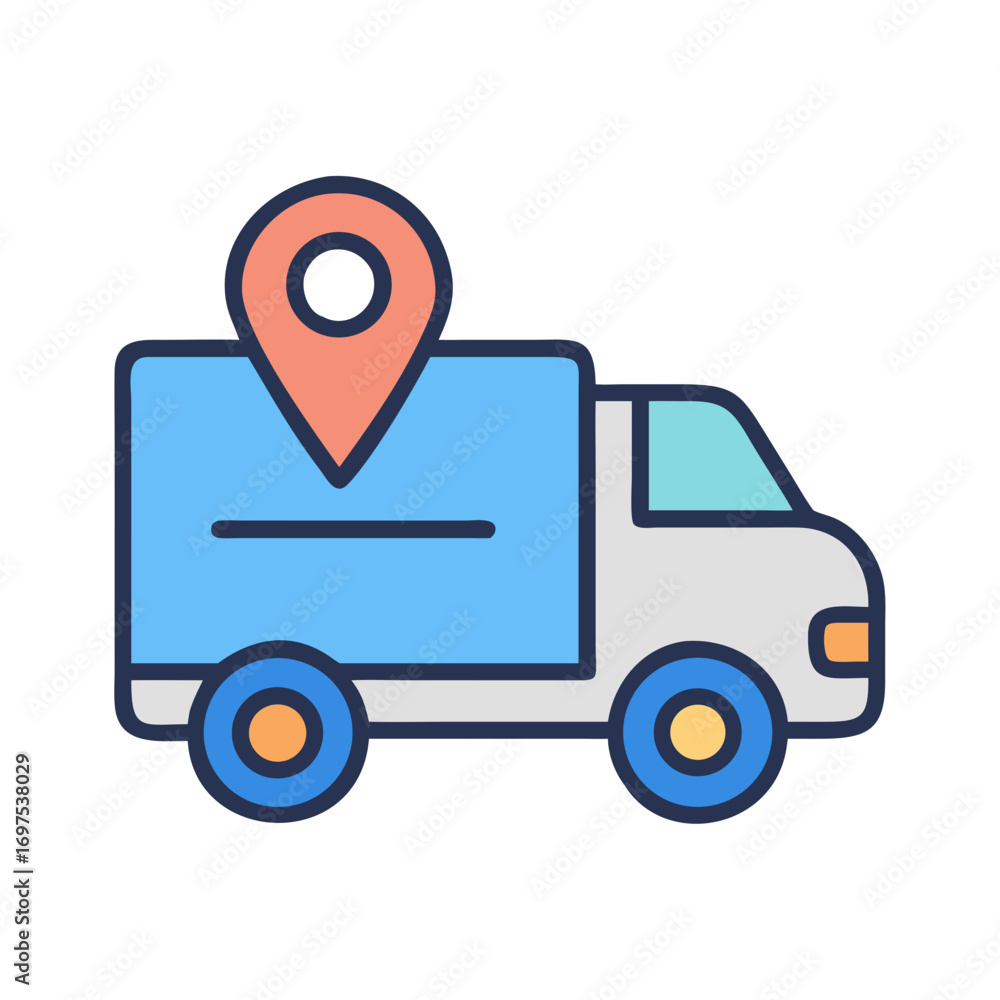 Poster delivery truck icon with map pointer on black background
