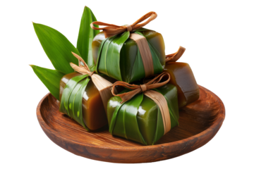Filipino rice cakes wrapped in banana leaves with sugar sauce on wooden plate, Pandanus fruit paste, isolated on white transparent background concept. of tradition Micronesia cuisine